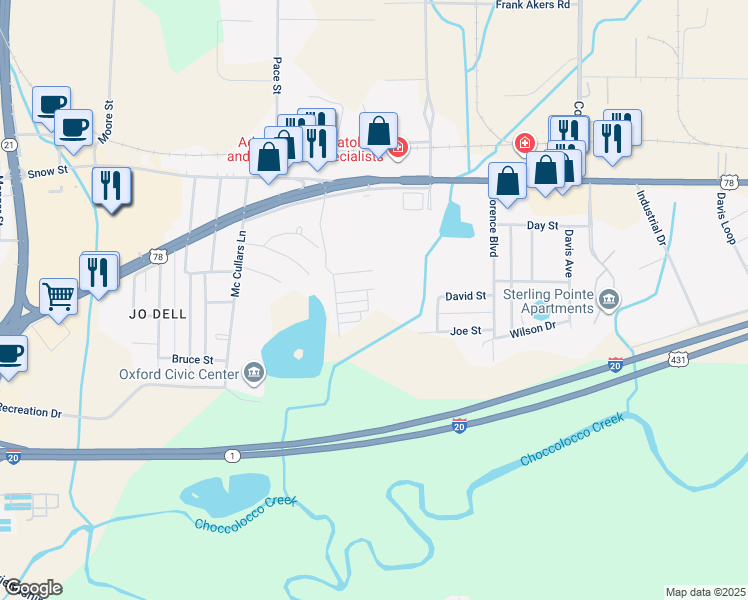 map of restaurants, bars, coffee shops, grocery stores, and more near 418 Village Place in Oxford