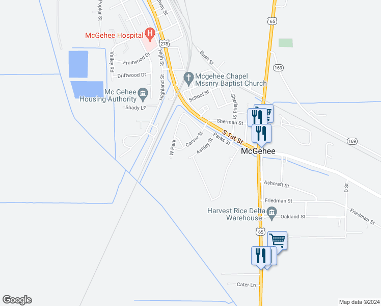 map of restaurants, bars, coffee shops, grocery stores, and more near 302 Ashley Street in McGehee