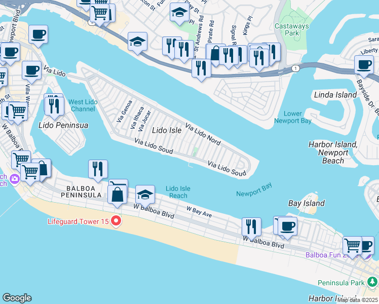 map of restaurants, bars, coffee shops, grocery stores, and more near 105 Via San Remo in Newport Beach