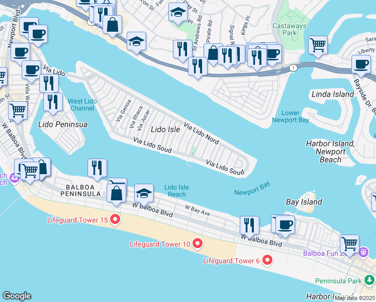 map of restaurants, bars, coffee shops, grocery stores, and more near 105 Via San Remo in Newport Beach