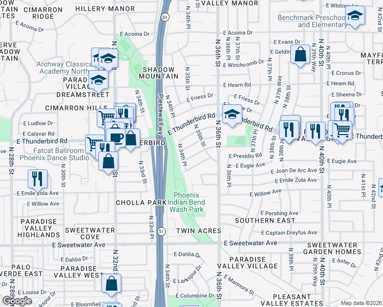 map of restaurants, bars, coffee shops, grocery stores, and more near 3471 East Delcoa Drive in Phoenix