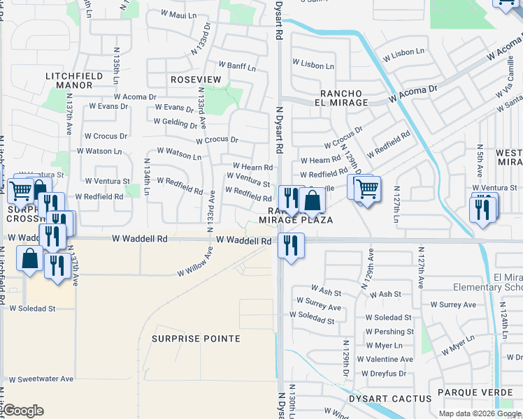 map of restaurants, bars, coffee shops, grocery stores, and more near 13114 West Calavar Road in Surprise