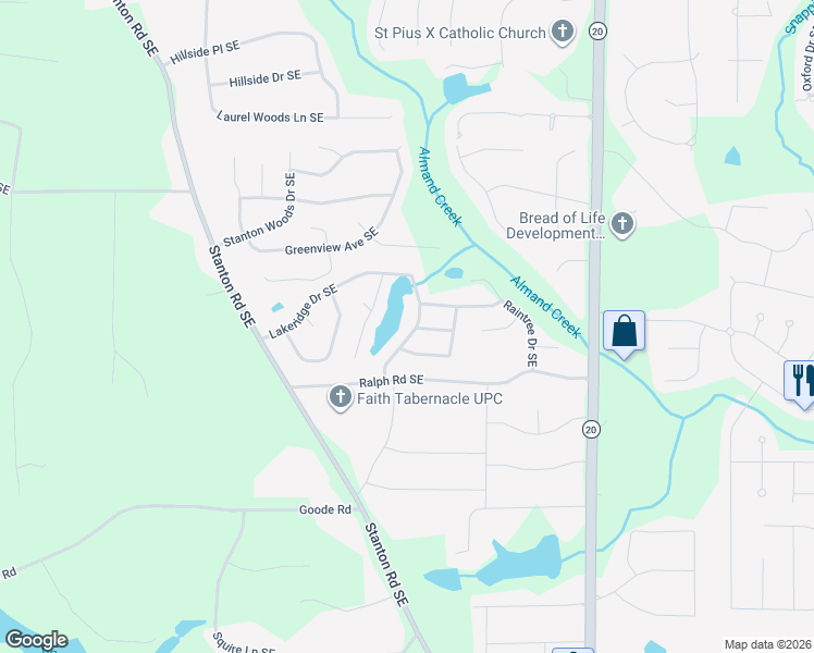 map of restaurants, bars, coffee shops, grocery stores, and more near 2993 Lakeridge Drive Southeast in Conyers