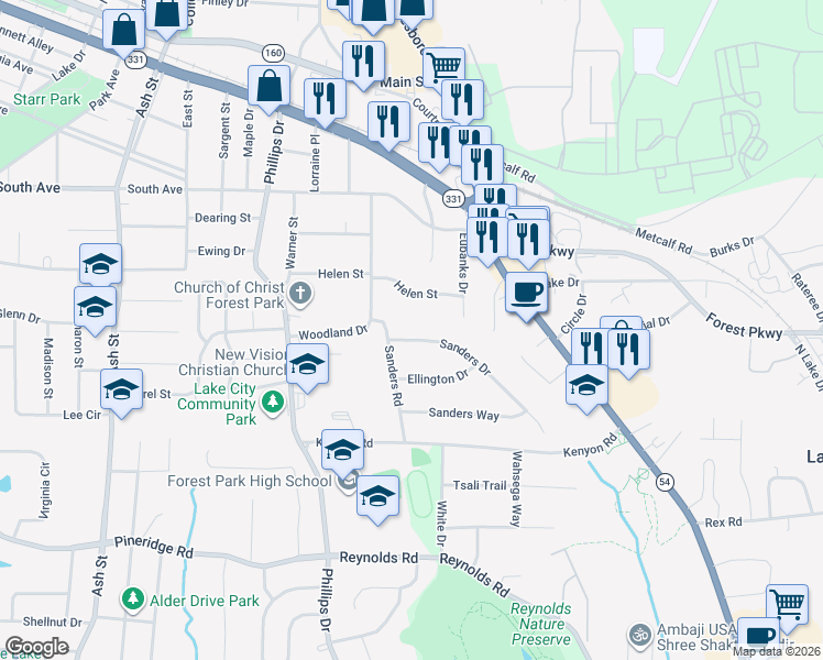 map of restaurants, bars, coffee shops, grocery stores, and more near 5272 Sanders Road in Lake City