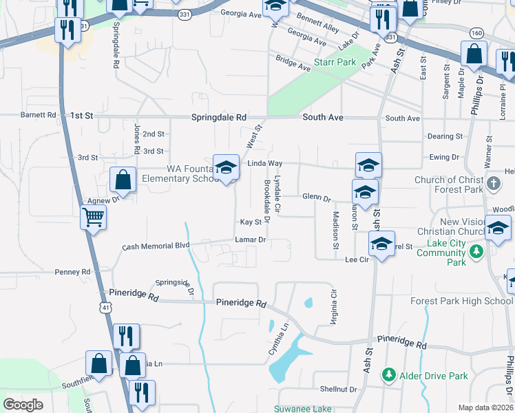 map of restaurants, bars, coffee shops, grocery stores, and more near 5261 Brookdale Drive in Forest Park