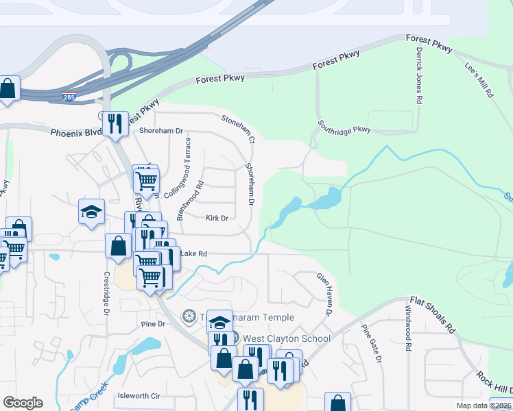 map of restaurants, bars, coffee shops, grocery stores, and more near 1205 Shoreham Drive in Atlanta