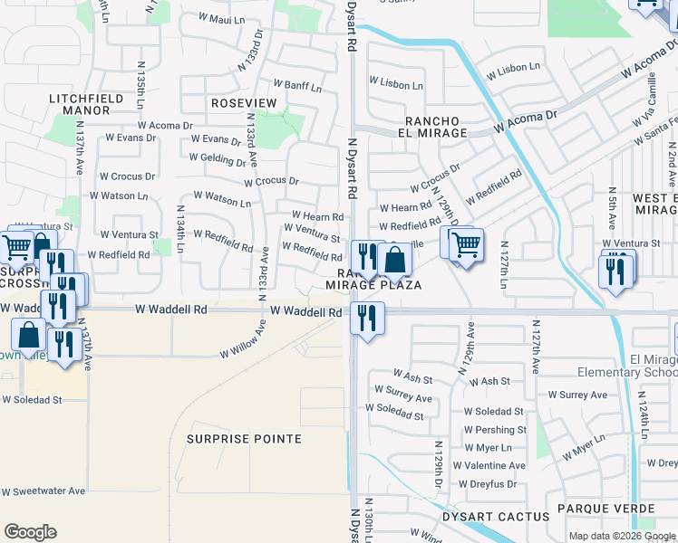 map of restaurants, bars, coffee shops, grocery stores, and more near 13114 West Calavar Road in Surprise