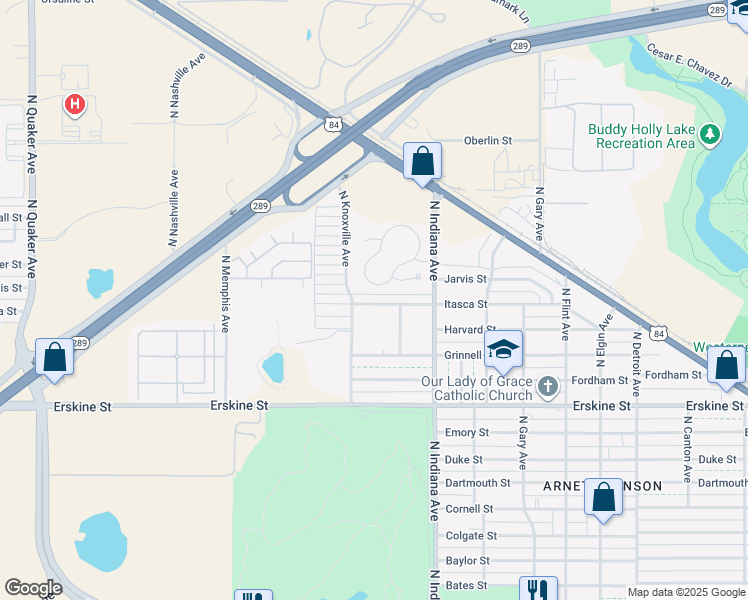 map of restaurants, bars, coffee shops, grocery stores, and more near 3438 Itasca Street in Lubbock