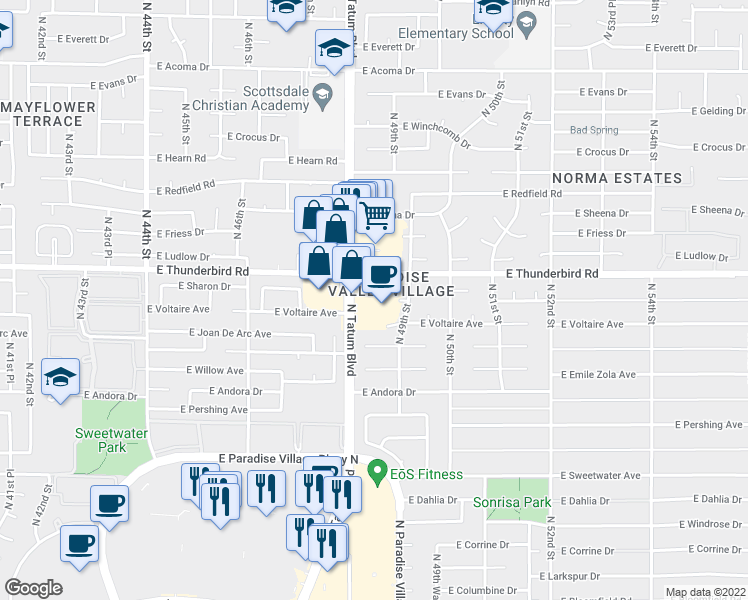 map of restaurants, bars, coffee shops, grocery stores, and more near 13687 North Tatum Boulevard in Phoenix
