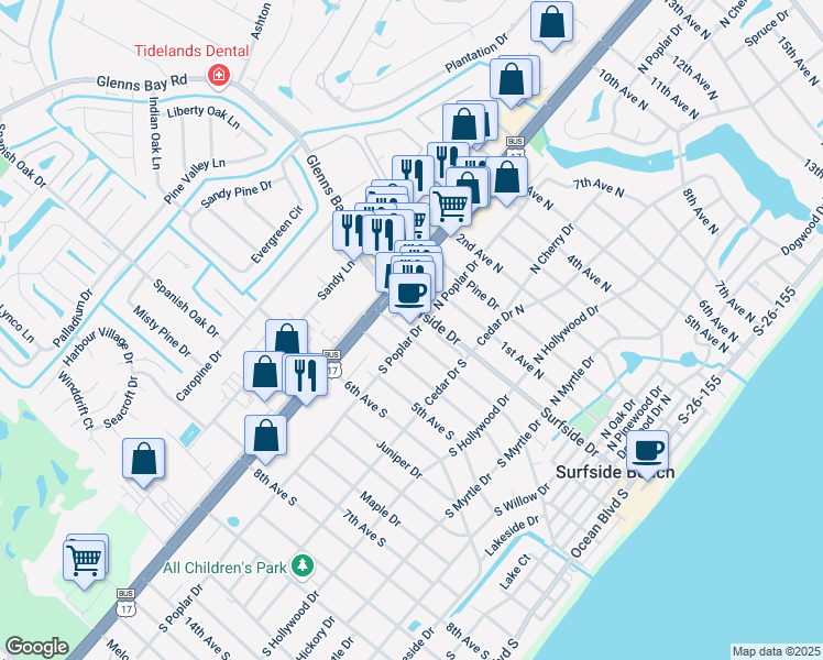 map of restaurants, bars, coffee shops, grocery stores, and more near 810 3rd Avenue South in Surfside Beach