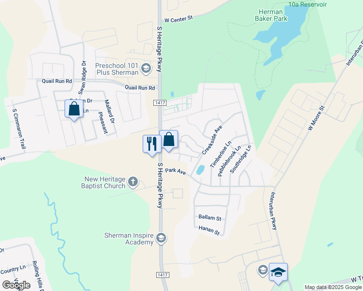 map of restaurants, bars, coffee shops, grocery stores, and more near 1725 Farm to Market Road 1417 in Sherman