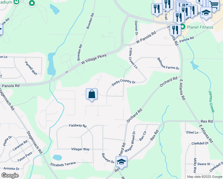 map of restaurants, bars, coffee shops, grocery stores, and more near 115 Derby Country Drive in Ellenwood