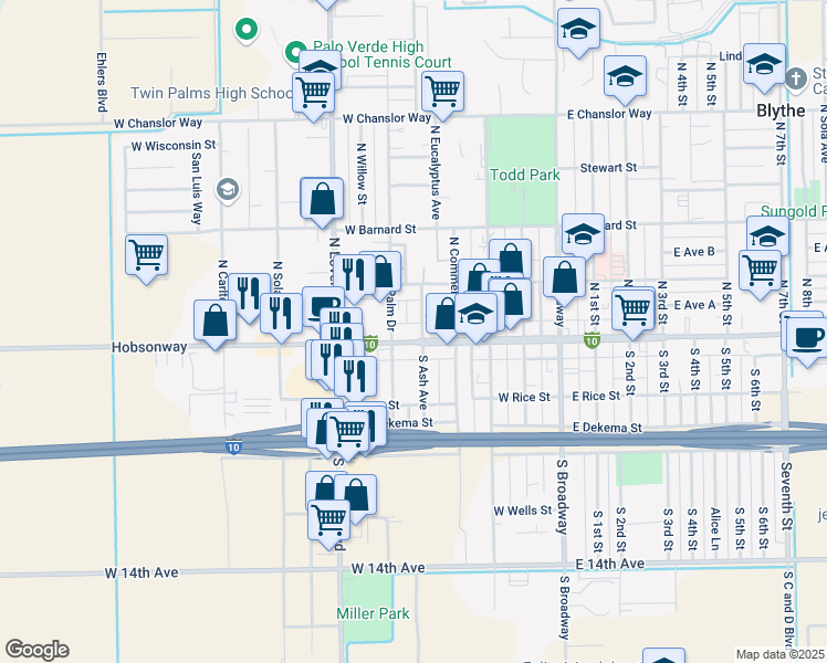 map of restaurants, bars, coffee shops, grocery stores, and more near 531 Hobsonway in Blythe