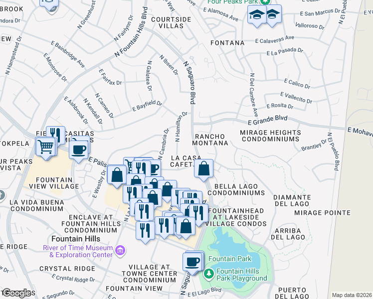 map of restaurants, bars, coffee shops, grocery stores, and more near 13636 North Saguaro Boulevard in Fountain Hills