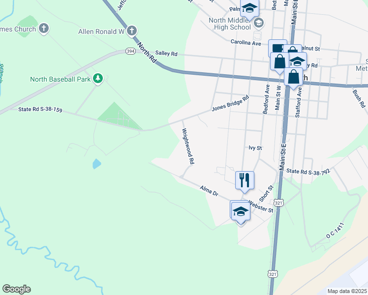 map of restaurants, bars, coffee shops, grocery stores, and more near 134 Wrightwood Road in North