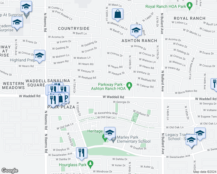 map of restaurants, bars, coffee shops, grocery stores, and more near 15037 West Calavar Road in Surprise