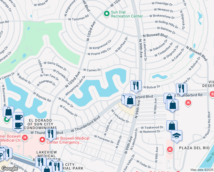map of restaurants, bars, coffee shops, grocery stores, and more near 13839 North Driftwood Point in Sun City