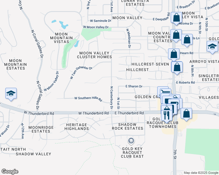 map of restaurants, bars, coffee shops, grocery stores, and more near 13636 North Canterbury Drive in Phoenix