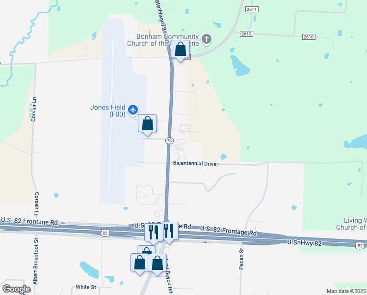 map of restaurants, bars, coffee shops, grocery stores, and more near 2528 North Center Street in Bonham