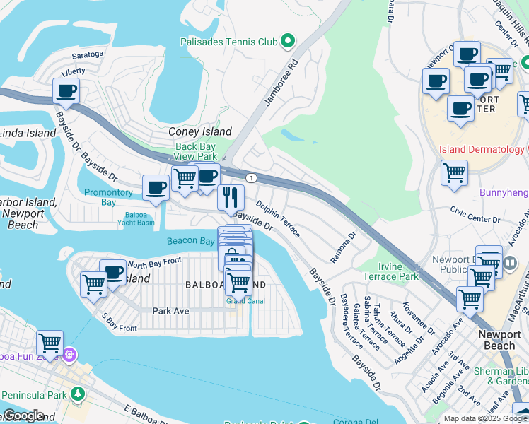 map of restaurants, bars, coffee shops, grocery stores, and more near 1207 Dolphin Terrace in Newport Beach