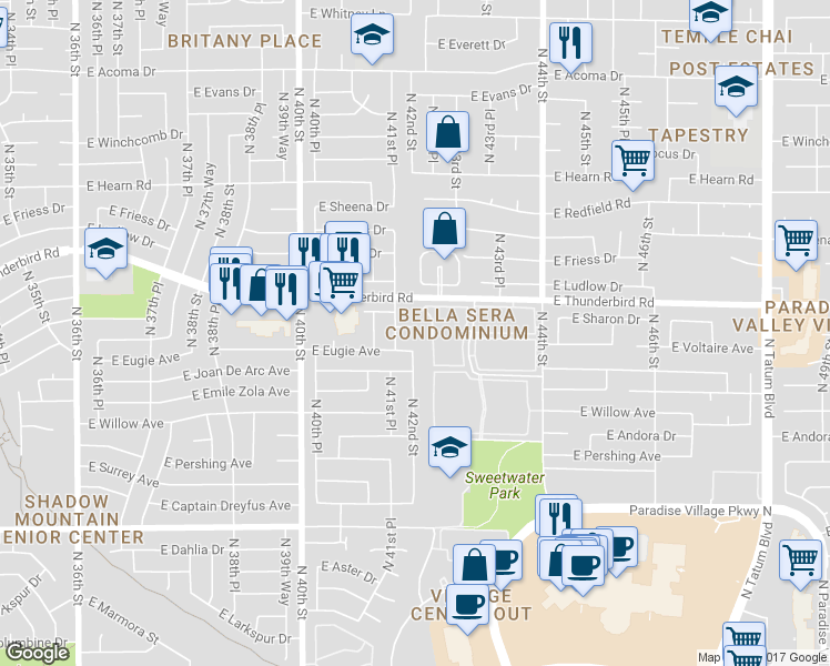 map of restaurants, bars, coffee shops, grocery stores, and more near 4143 East Presidio Road in Phoenix