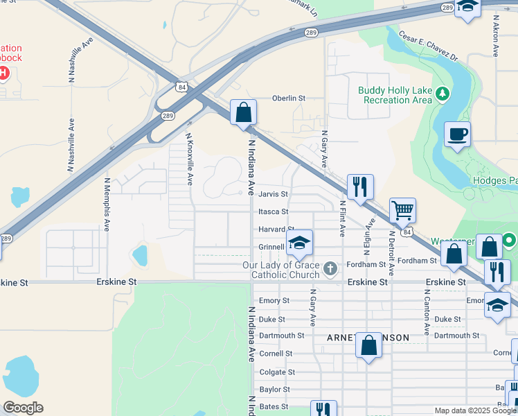 map of restaurants, bars, coffee shops, grocery stores, and more near 3320 Itasca Street in Lubbock