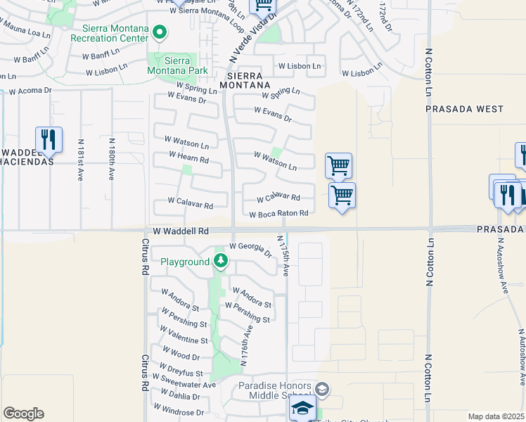 map of restaurants, bars, coffee shops, grocery stores, and more near 17544 West Boca Raton Road in Surprise