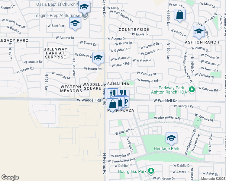 map of restaurants, bars, coffee shops, grocery stores, and more near 15400 West Waddell Road in Surprise