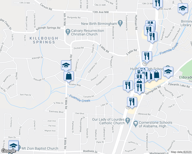 map of restaurants, bars, coffee shops, grocery stores, and more near 532 Zinnia Lane in Birmingham