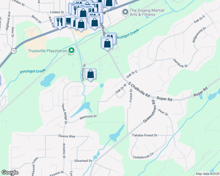 map of restaurants, bars, coffee shops, grocery stores, and more near 6487 South Chalkville Road in Trussville