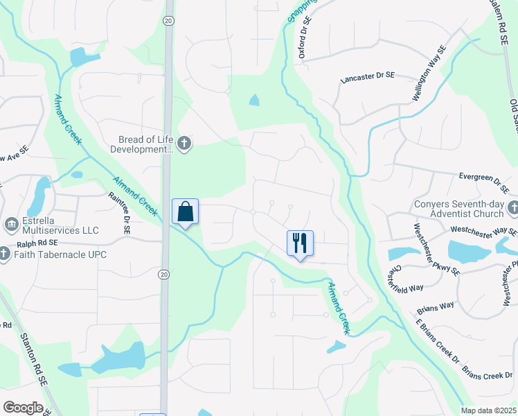 map of restaurants, bars, coffee shops, grocery stores, and more near 1400 Fall River Drive in Conyers