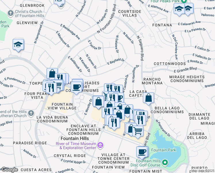 map of restaurants, bars, coffee shops, grocery stores, and more near 16677 East Westby Drive in Fountain Hills