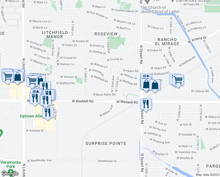 map of restaurants, bars, coffee shops, grocery stores, and more near 13949 North 133rd Drive in Surprise