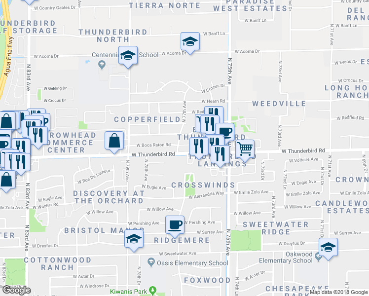 map of restaurants, bars, coffee shops, grocery stores, and more near 7665 West Boca Raton Road in Peoria