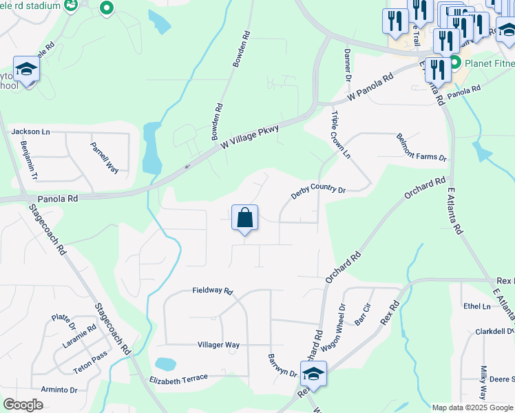 map of restaurants, bars, coffee shops, grocery stores, and more near 320 Roundup Trail in Ellenwood
