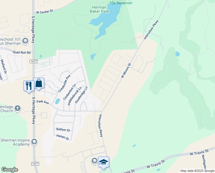 map of restaurants, bars, coffee shops, grocery stores, and more near 2105 West Moore Street in Sherman