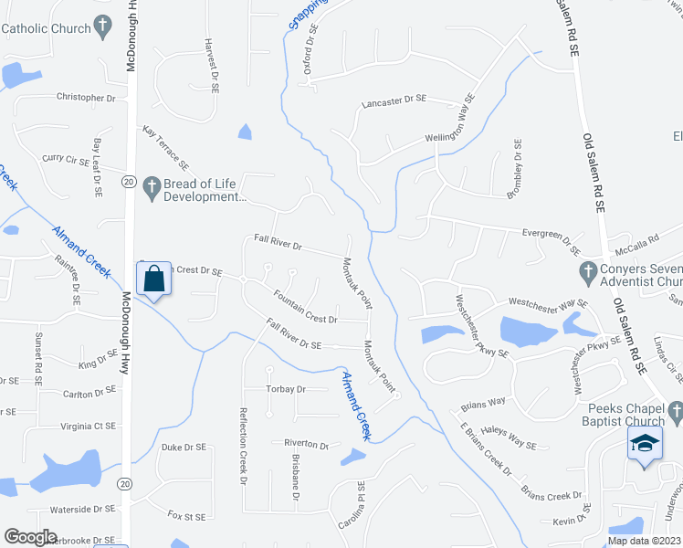 map of restaurants, bars, coffee shops, grocery stores, and more near 1516 Montauk Point in Conyers