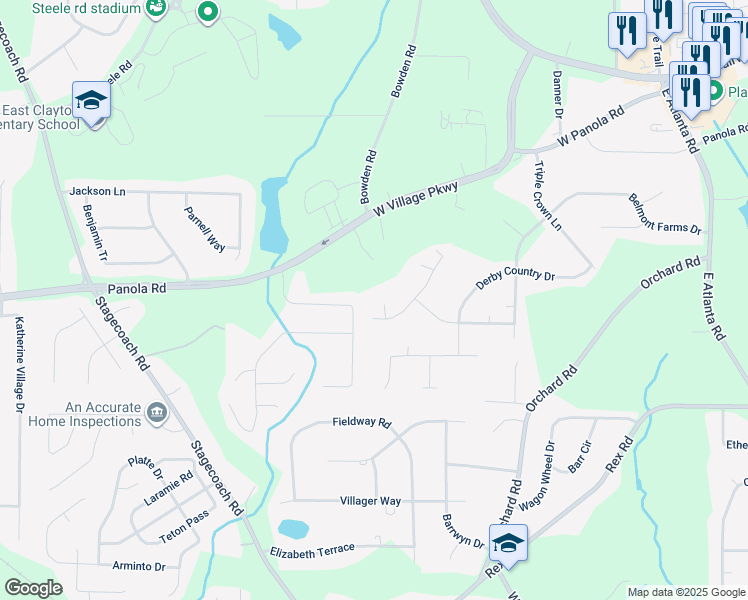 map of restaurants, bars, coffee shops, grocery stores, and more near 80 Roundup Court in Ellenwood