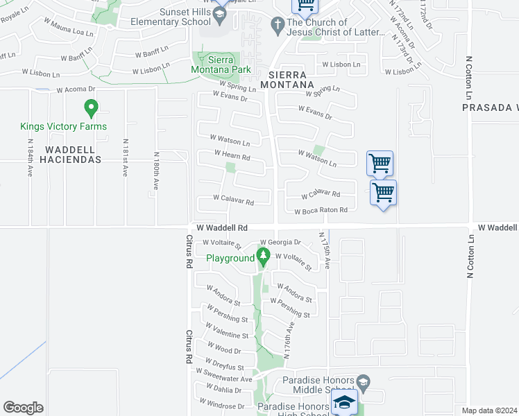 map of restaurants, bars, coffee shops, grocery stores, and more near 17731 West Calavar Road in Surprise