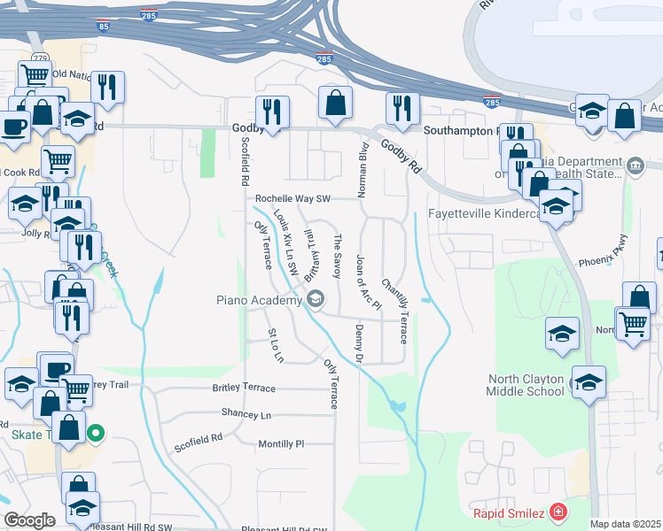 map of restaurants, bars, coffee shops, grocery stores, and more near 5317 The Savoy Street Southwest in Atlanta