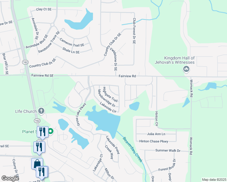 map of restaurants, bars, coffee shops, grocery stores, and more near 125 Lakebirch Drive in Covington