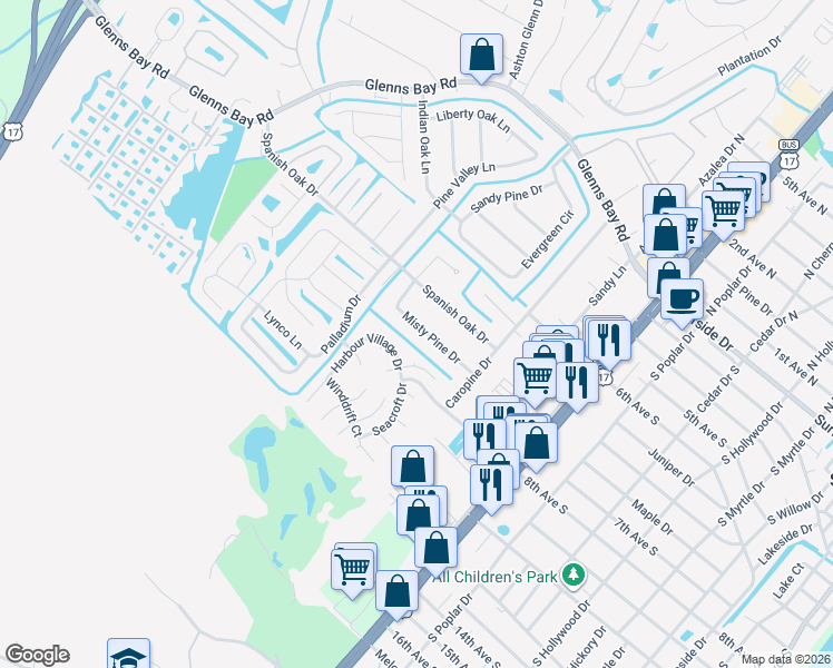 map of restaurants, bars, coffee shops, grocery stores, and more near 117 Misty Pine Drive in Myrtle Beach