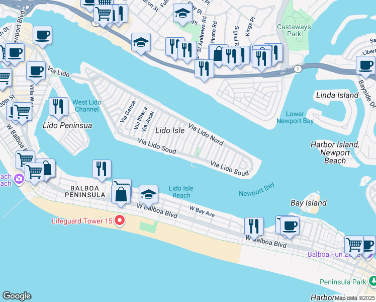map of restaurants, bars, coffee shops, grocery stores, and more near 103 Via San Remo in Newport Beach