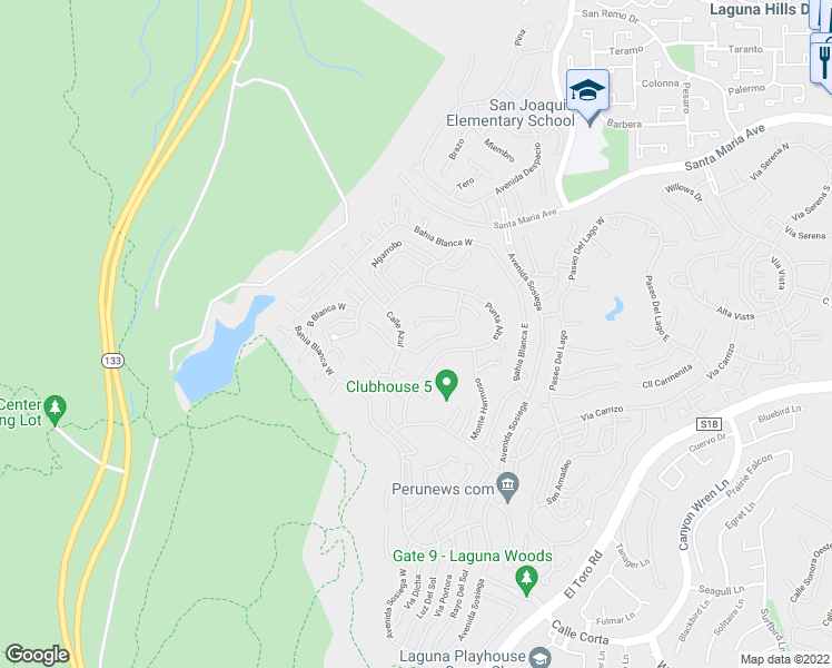 map of restaurants, bars, coffee shops, grocery stores, and more near 3490 Calle Azul in Laguna Woods