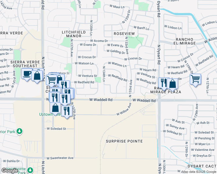 map of restaurants, bars, coffee shops, grocery stores, and more near 13984 North 134th Drive in Surprise