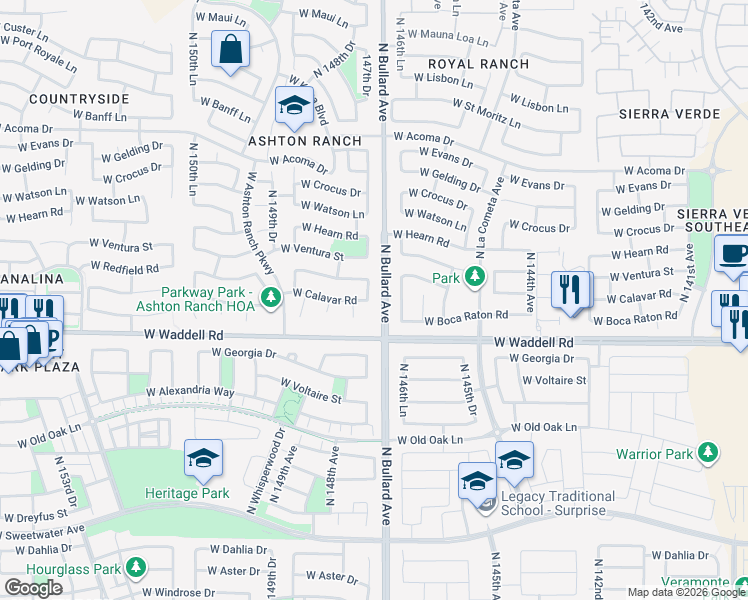 map of restaurants, bars, coffee shops, grocery stores, and more near 13901 North 147th Drive in Surprise