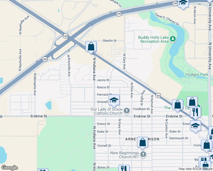 map of restaurants, bars, coffee shops, grocery stores, and more near 3304 Itasca Street in Lubbock
