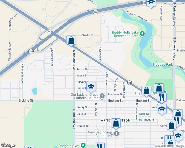 map of restaurants, bars, coffee shops, grocery stores, and more near 3208 Itasca Street in Lubbock