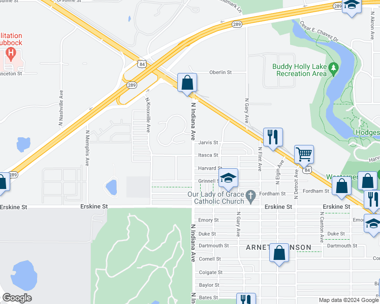 map of restaurants, bars, coffee shops, grocery stores, and more near 3320 Itasca Street in Lubbock