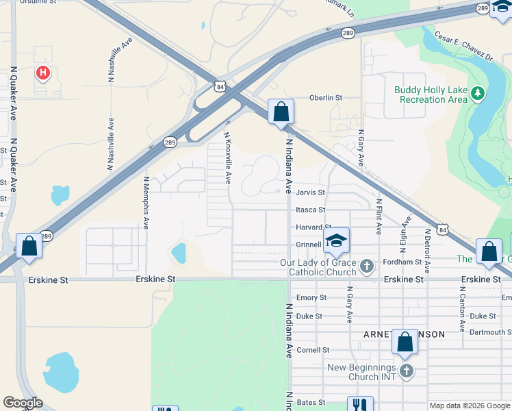 map of restaurants, bars, coffee shops, grocery stores, and more near 3438 Itasca Street in Lubbock